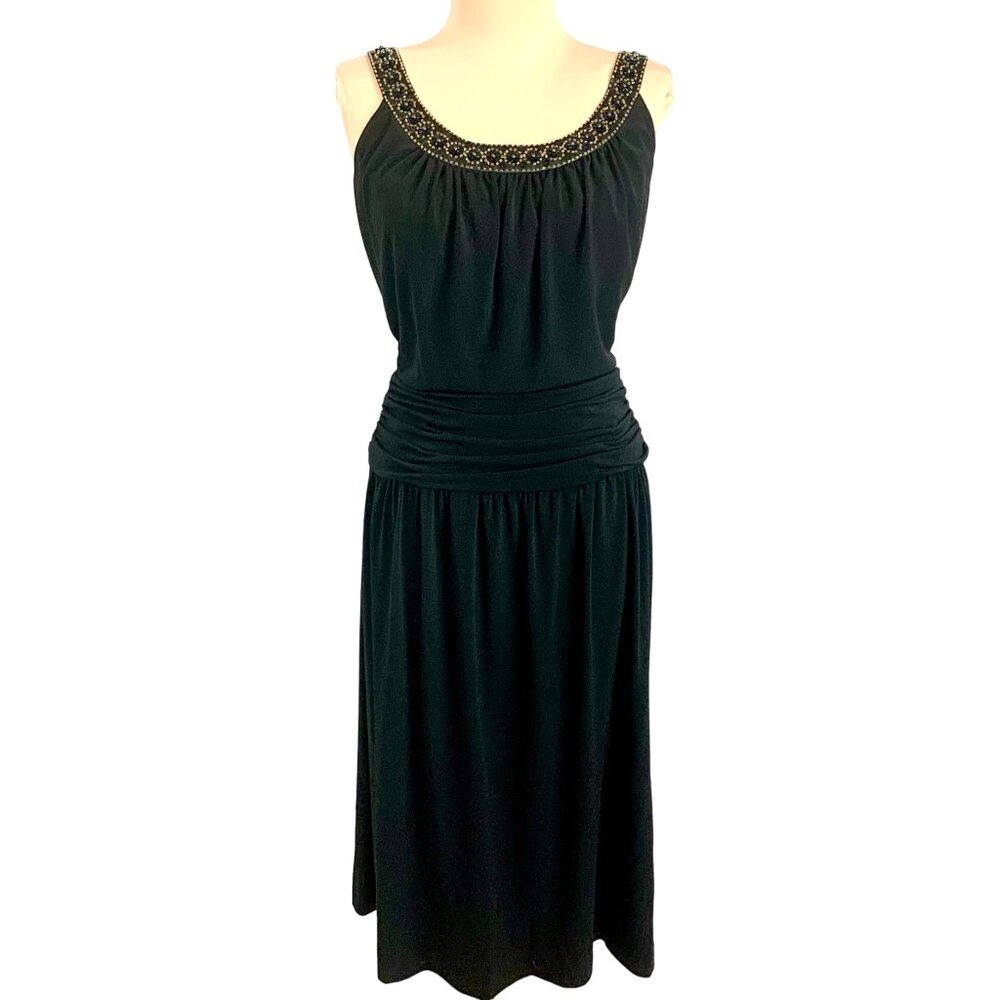 Adrianna Papell Black Beaded Egyptian Collar Midi Cocktail Dress 6 Ruched Waist